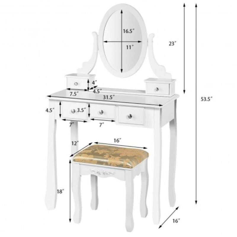 Set Toeletta Bianca con Sgabello, 5 Cassetti e Specchio Ovale, 1 Posto