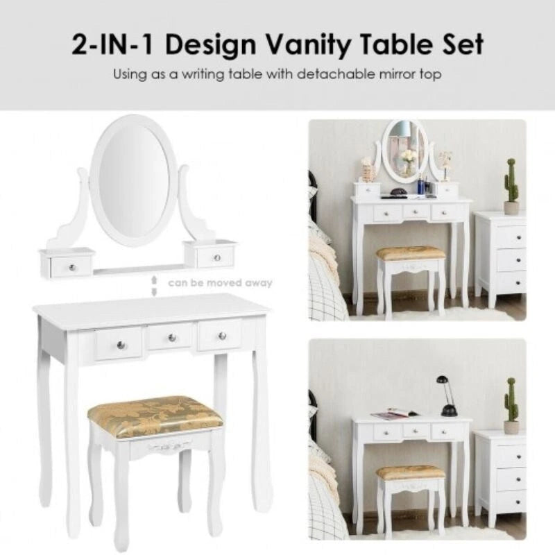 Set Toeletta Bianca con Sgabello, 5 Cassetti e Specchio Ovale, 1 Posto
