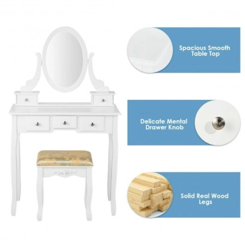 Set Toeletta Bianca con Sgabello, 5 Cassetti e Specchio Ovale, 1 Posto