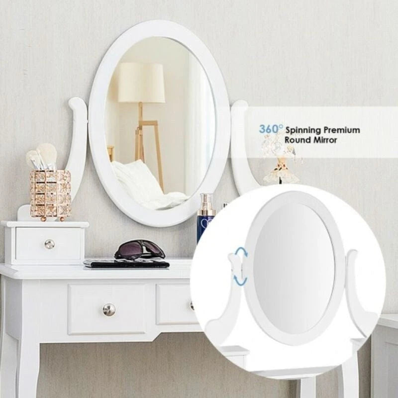 Set Toeletta Bianca con Sgabello, 5 Cassetti e Specchio Ovale, 1 Posto