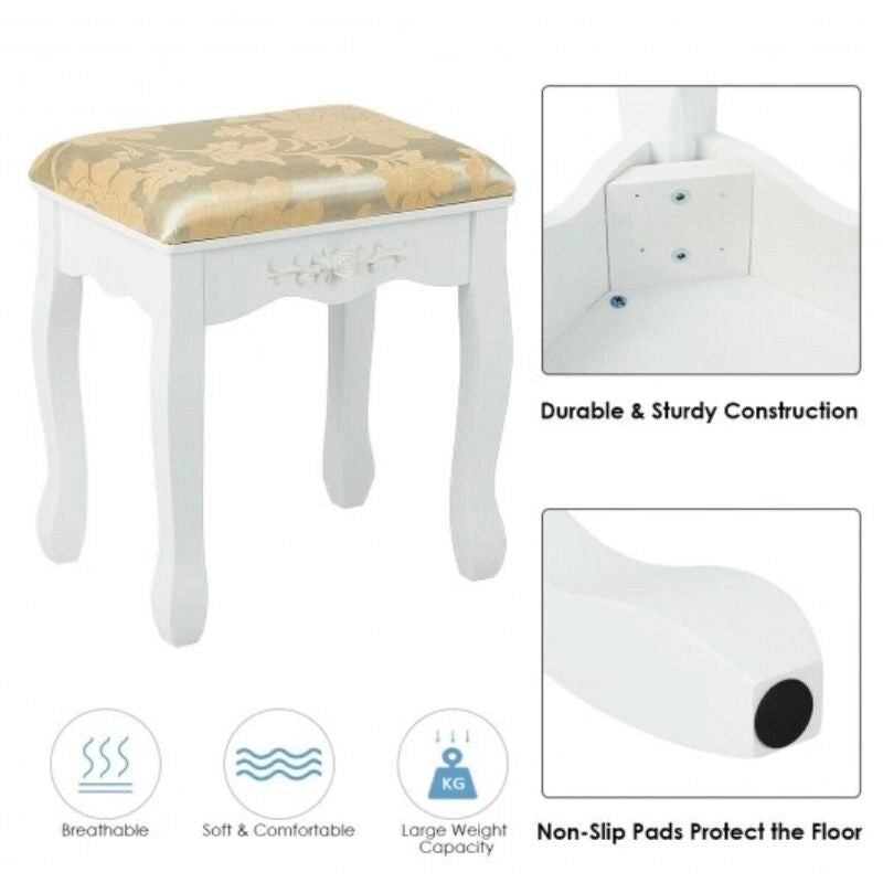 Set Toeletta Bianca con Sgabello, 5 Cassetti e Specchio Ovale, 1 Posto