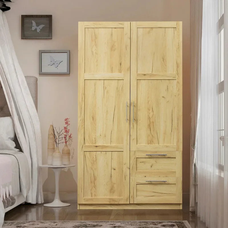 Armadio a 2 ante con 2 cassetti, 5 vani a giorno, bianco/noce/rovere