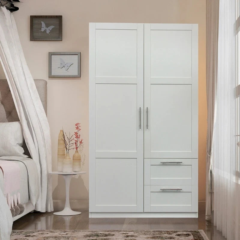 Armadio a 2 ante con 2 cassetti, 5 vani a giorno, bianco/noce/rovere