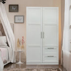 Armadio a 2 ante con 2 cassetti, 5 vani a giorno, bianco/noce/rovere