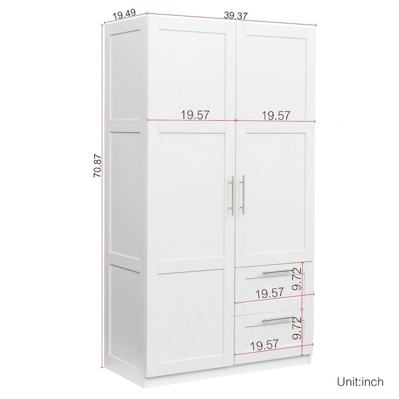 Armadio a 2 ante con 2 cassetti, 5 vani a giorno, bianco/noce/rovere