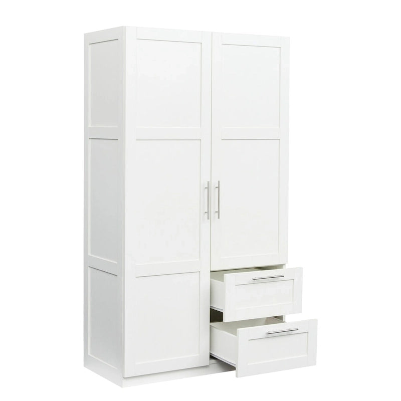 Armadio a 2 ante con 2 cassetti, 5 vani a giorno, bianco/noce/rovere