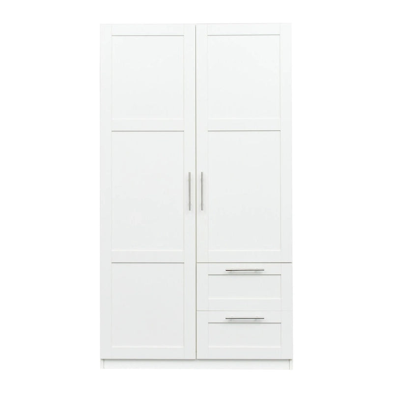 Armadio a 2 ante con 2 cassetti, 5 vani a giorno, bianco/noce/rovere