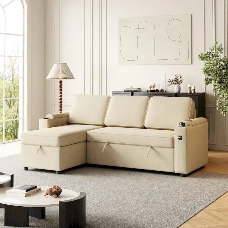 Divano letto modulare a L con contenitore e porta di ricarica | Beige / Grigio / Nero | Posti a sedere 3-4