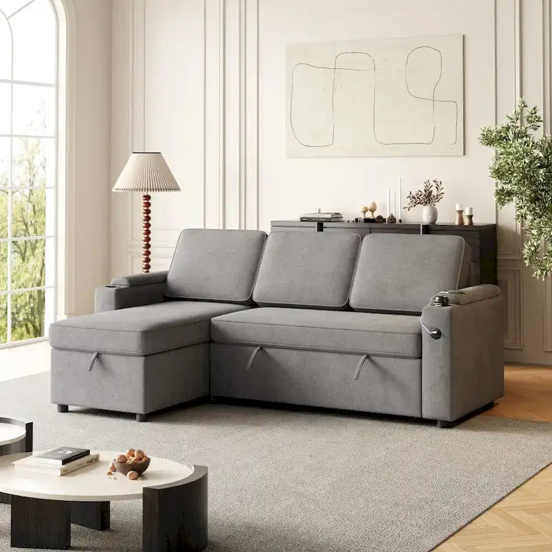 Divano letto modulare a L con contenitore e porta di ricarica | Beige / Grigio / Nero | Posti a sedere 3-4