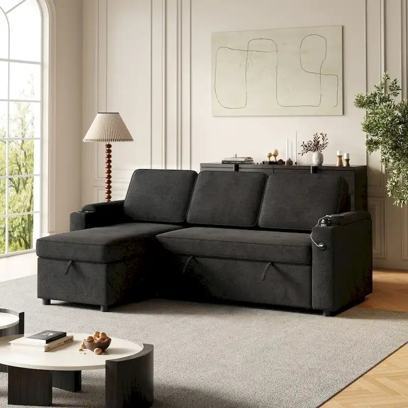Divano letto modulare a L con contenitore e porta di ricarica | Beige / Grigio / Nero | Posti a sedere 3-4