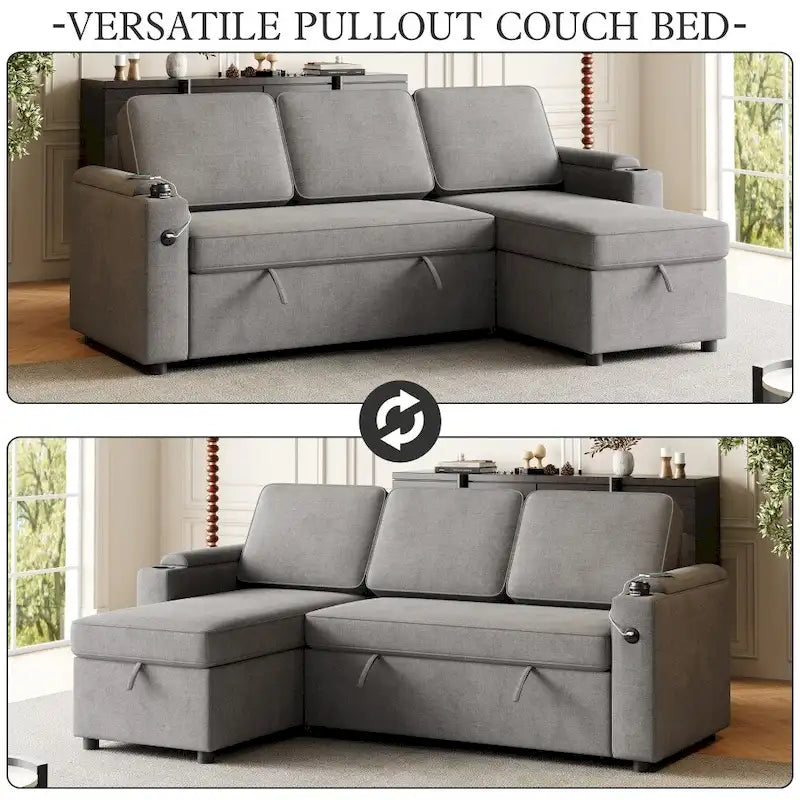 Divano letto modulare a L con contenitore e porta di ricarica | Beige / Grigio / Nero | Posti a sedere 3-4