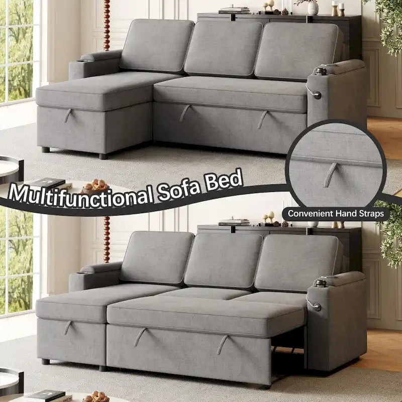 Divano letto modulare a L con contenitore e porta di ricarica | Beige / Grigio / Nero | Posti a sedere 3-4