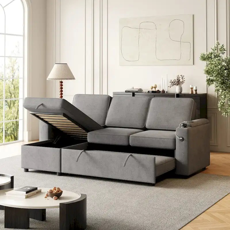 Divano letto modulare a L con contenitore e porta di ricarica | Beige / Grigio / Nero | Posti a sedere 3-4