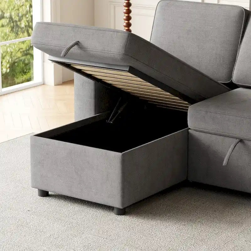 Divano letto modulare a L con contenitore e porta di ricarica | Beige / Grigio / Nero | Posti a sedere 3-4