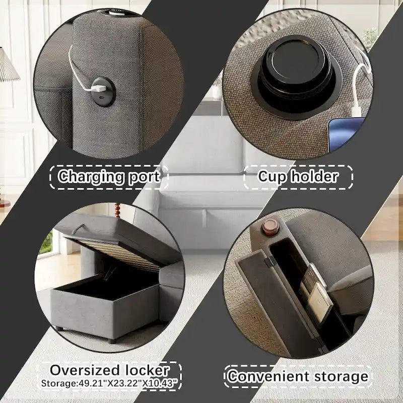 Divano letto modulare a L con contenitore e porta di ricarica | Beige / Grigio / Nero | Posti a sedere 3-4