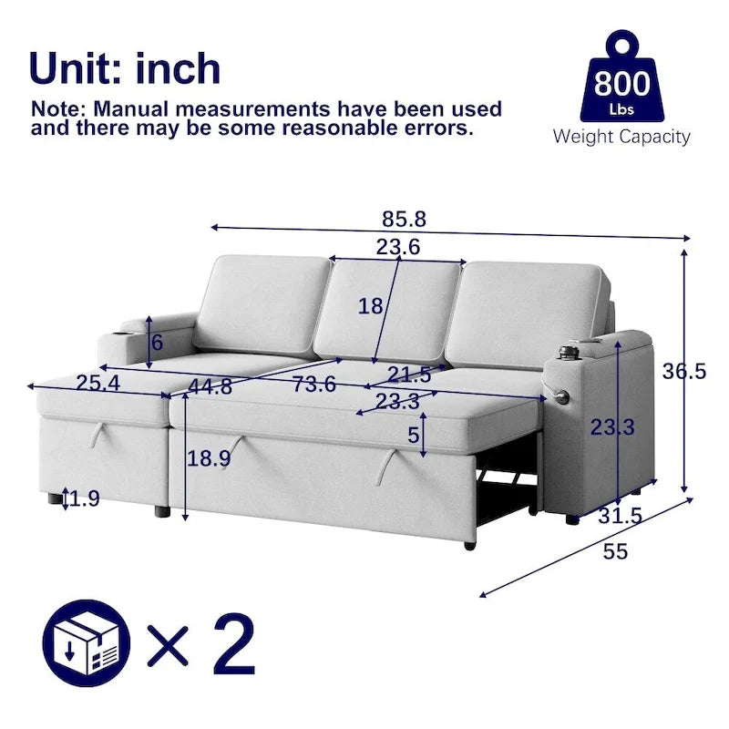 Divano letto modulare a L con contenitore e porta di ricarica | Beige / Grigio / Nero | Posti a sedere 3-4
