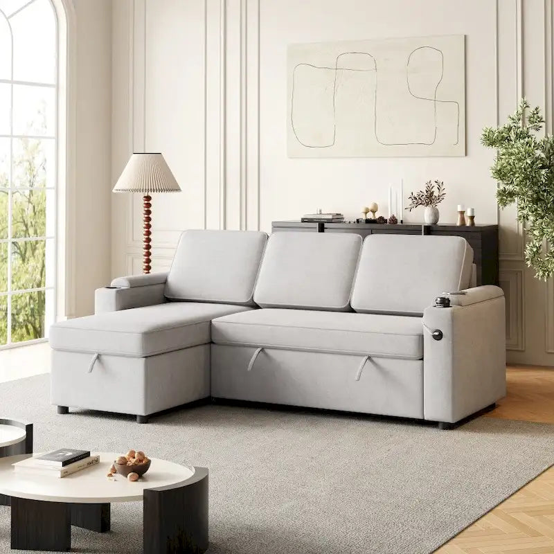 Divano letto modulare a L con contenitore e porta di ricarica | Beige / Grigio / Nero | Posti a sedere 3-4