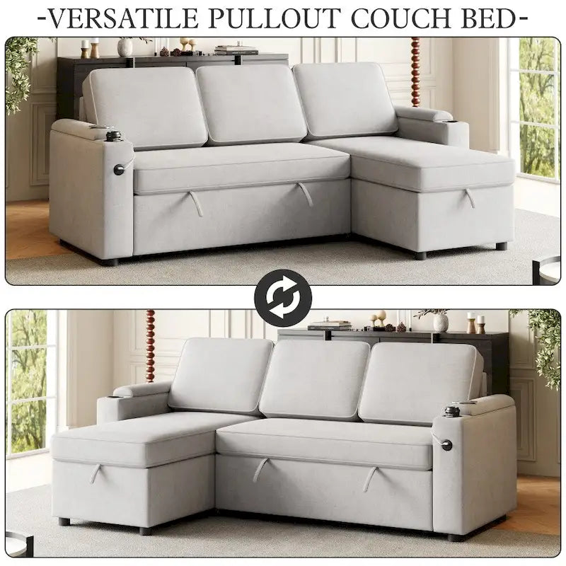 Divano letto modulare a L con contenitore e porta di ricarica | Beige / Grigio / Nero | Posti a sedere 3-4