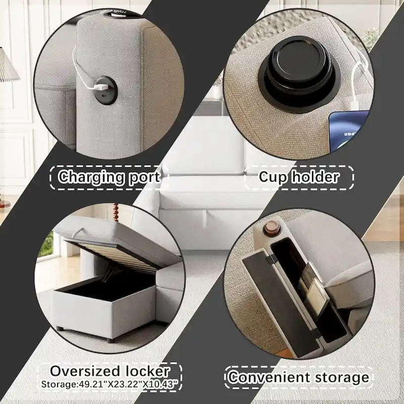 Divano letto modulare a L con contenitore e porta di ricarica | Beige / Grigio / Nero | Posti a sedere 3-4