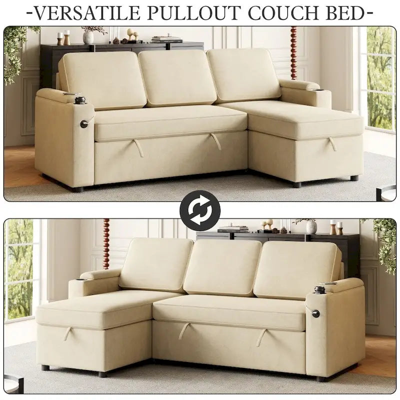 Divano letto modulare a L con contenitore e porta di ricarica | Beige / Grigio / Nero | Posti a sedere 3-4
