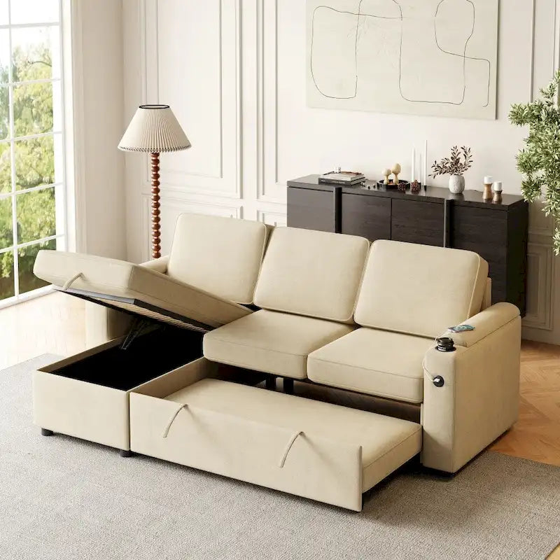 Divano letto modulare a L con contenitore e porta di ricarica | Beige / Grigio / Nero | Posti a sedere 3-4