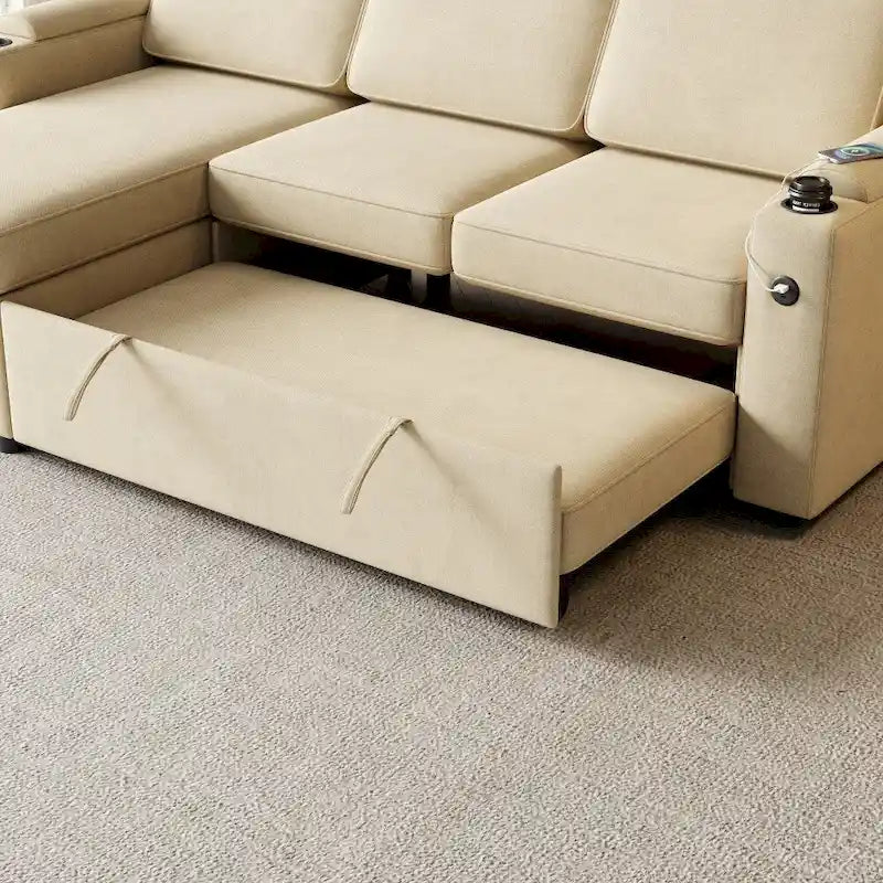 Divano letto modulare a L con contenitore e porta di ricarica | Beige / Grigio / Nero | Posti a sedere 3-4
