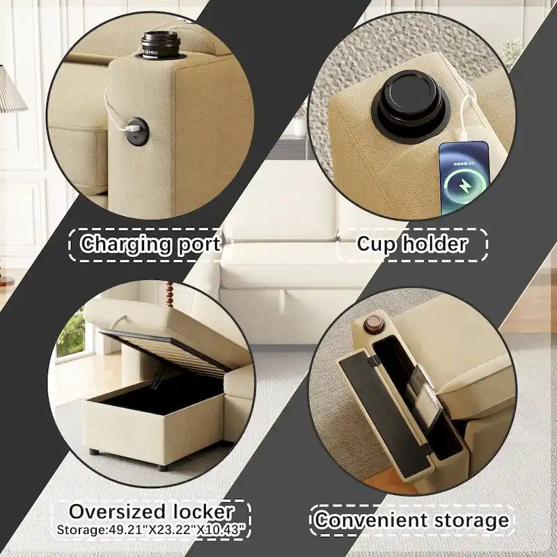 Divano letto modulare a L con contenitore e porta di ricarica | Beige / Grigio / Nero | Posti a sedere 3-4