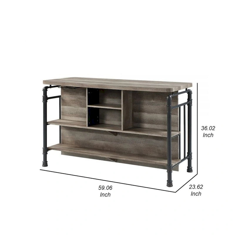 Isola da Cucina 59" con 2 Ripiani, Marrone e Grigio, Top in Legno, Fissa