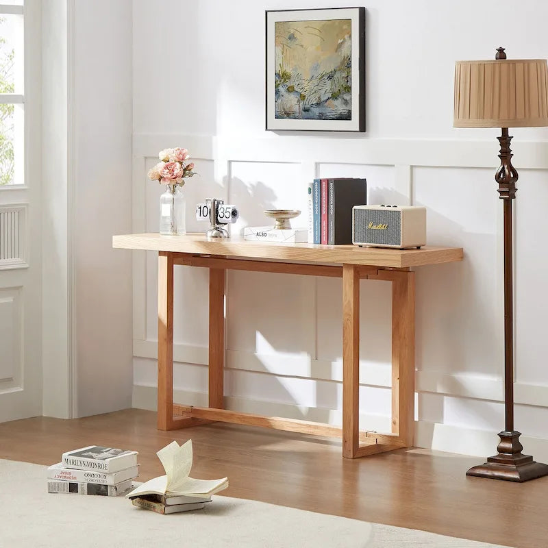 Consolle Nera/Naturale, Piano in MDF e Gambe in Legno di Gomma, Tavolo d'Ingresso da 150 cm