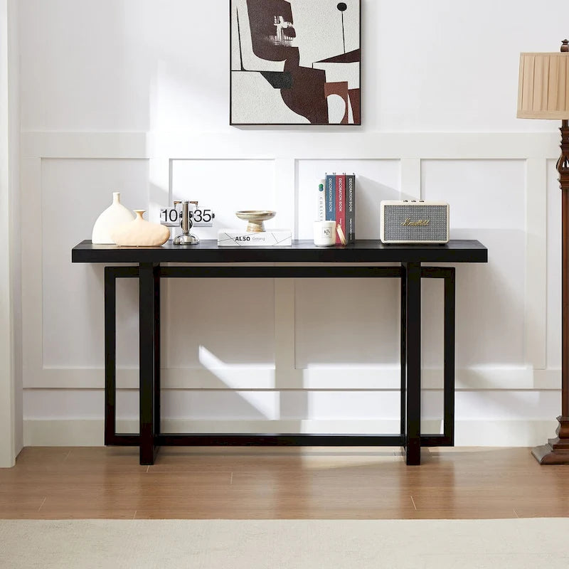 Consolle Nera/Naturale, Piano in MDF e Gambe in Legno di Gomma, Tavolo d'Ingresso da 150 cm