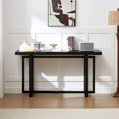 Consolle Nera/Naturale, Piano in MDF e Gambe in Legno di Gomma, Tavolo d'Ingresso da 150 cm