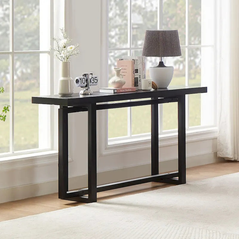 Consolle Nera/Naturale, Piano in MDF e Gambe in Legno di Gomma, Tavolo d'Ingresso da 150 cm