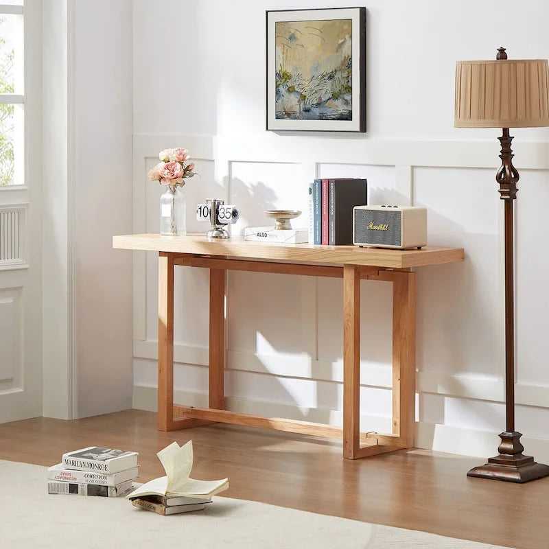 Consolle Nera/Naturale, Piano in MDF e Gambe in Legno di Gomma, Tavolo d'Ingresso da 150 cm
