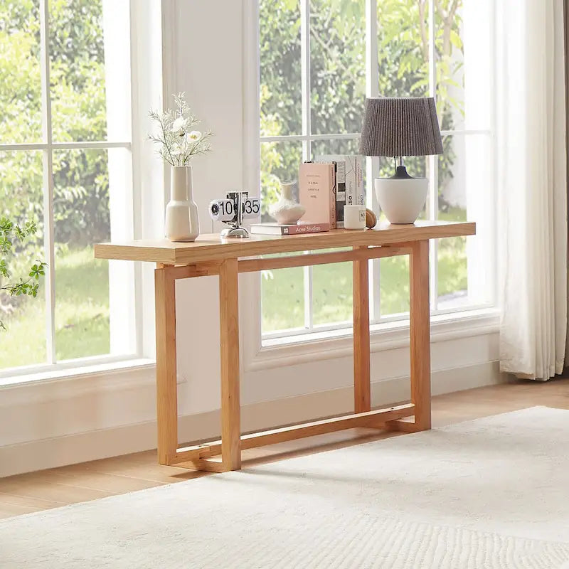 Consolle Nera/Naturale, Piano in MDF e Gambe in Legno di Gomma, Tavolo d'Ingresso da 150 cm