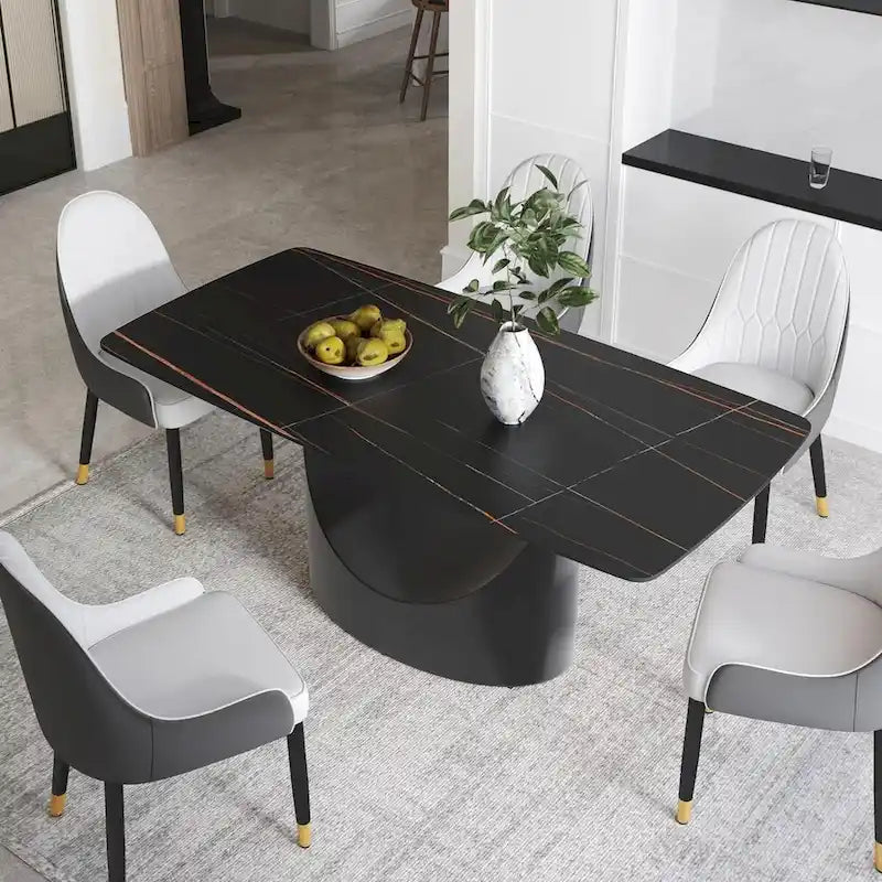 Tavolo da pranzo rettangolare in pietra sinterizzata Pandora, bianco/nero, base in acciaio a forma di U, 6 posti a sedere