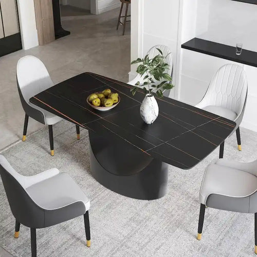 Tavolo da pranzo rettangolare in pietra sinterizzata Pandora, bianco/nero, base in acciaio a forma di U, 6 posti a sedere