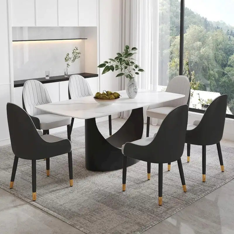 Tavolo da pranzo rettangolare in pietra sinterizzata Pandora, bianco/nero, base in acciaio a forma di U, 6 posti a sedere