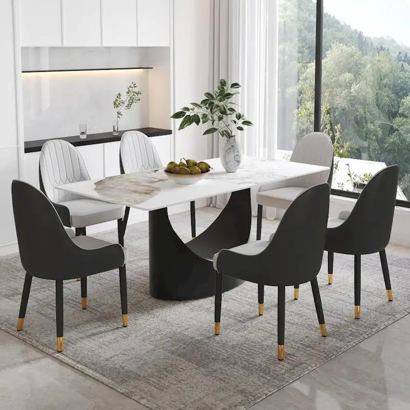 Tavolo da pranzo rettangolare in pietra sinterizzata Pandora, bianco/nero, base in acciaio a forma di U, 6 posti a sedere
