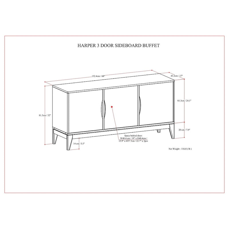 Mobile Credenza a 3 Ante Noce, Stile Mid-Century Moderno