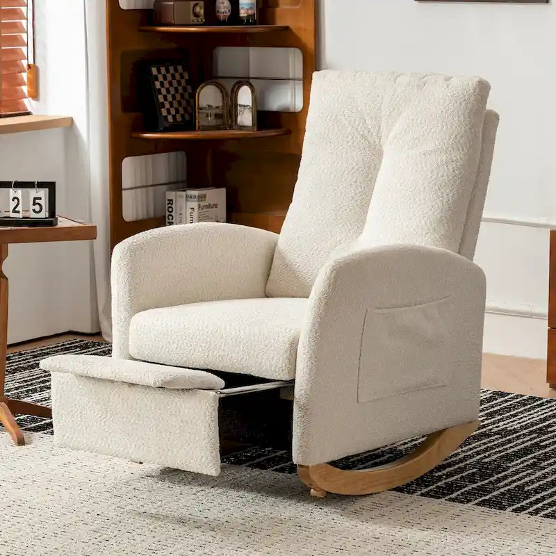 Sedia a Dondolo Imbottita High-Back Grigio/Beige con Poggiapiedi e Tasca Laterale, Posto Singolo