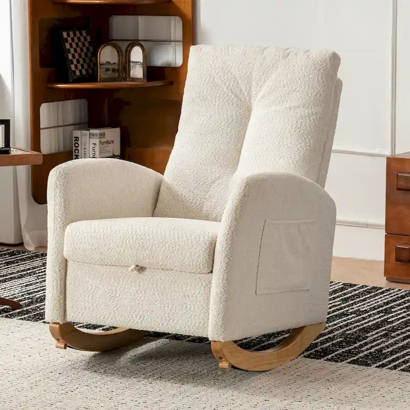 Sedia a Dondolo Imbottita High-Back Grigio/Beige con Poggiapiedi e Tasca Laterale, Posto Singolo