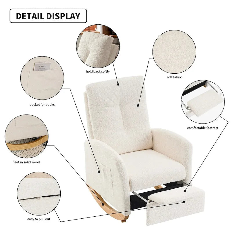 Sedia a Dondolo Imbottita High-Back Grigio/Beige con Poggiapiedi e Tasca Laterale, Posto Singolo