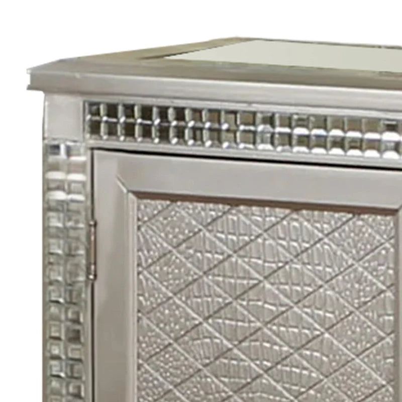 Credenza Buffet Consolle color Champagne, piano in vetro, inserti a specchio, 2 cassetti, 8 portabottiglie