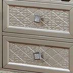 Credenza Buffet Consolle color Champagne, piano in vetro, inserti a specchio, 2 cassetti, 8 portabottiglie