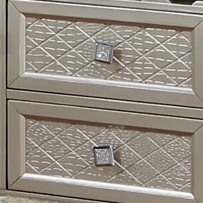Credenza Buffet Consolle color Champagne, piano in vetro, inserti a specchio, 2 cassetti, 8 portabottiglie