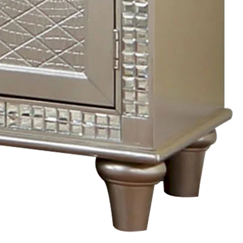 Credenza Buffet Consolle color Champagne, piano in vetro, inserti a specchio, 2 cassetti, 8 portabottiglie