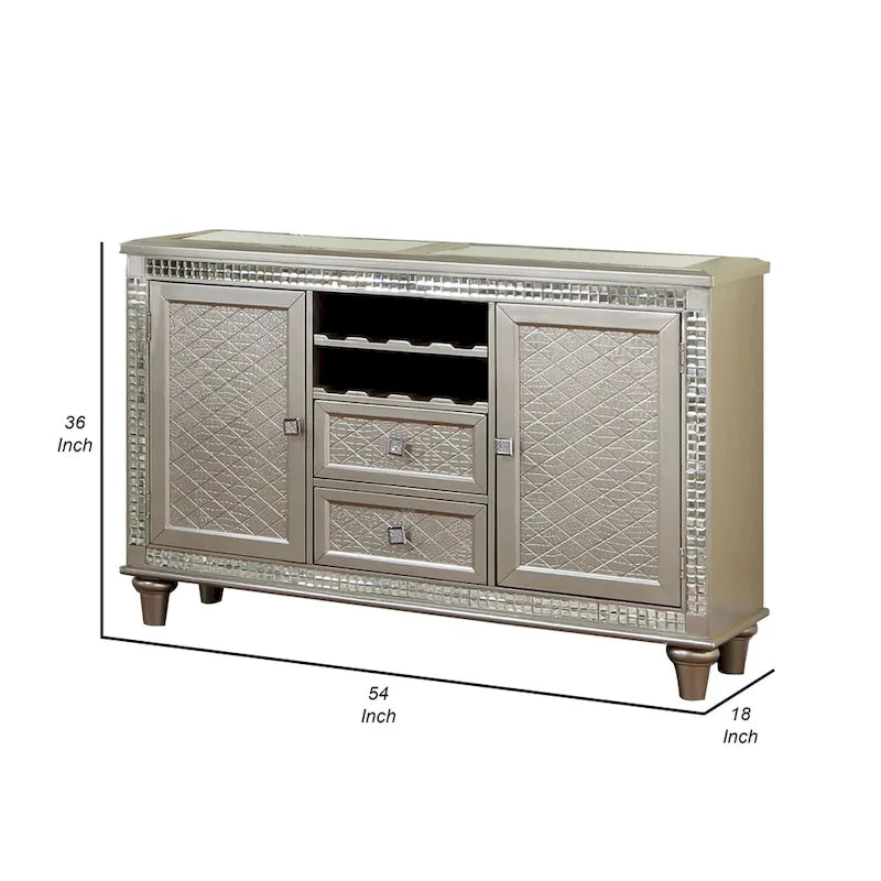 Credenza Buffet Consolle color Champagne, piano in vetro, inserti a specchio, 2 cassetti, 8 portabottiglie