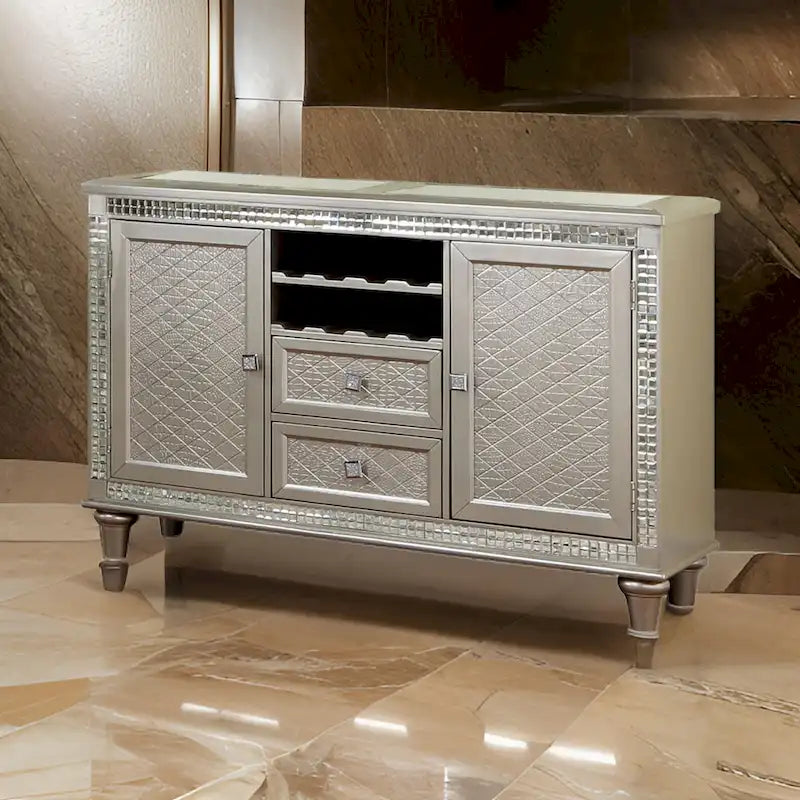 Credenza Buffet Consolle color Champagne, piano in vetro, inserti a specchio, 2 cassetti, 8 portabottiglie
